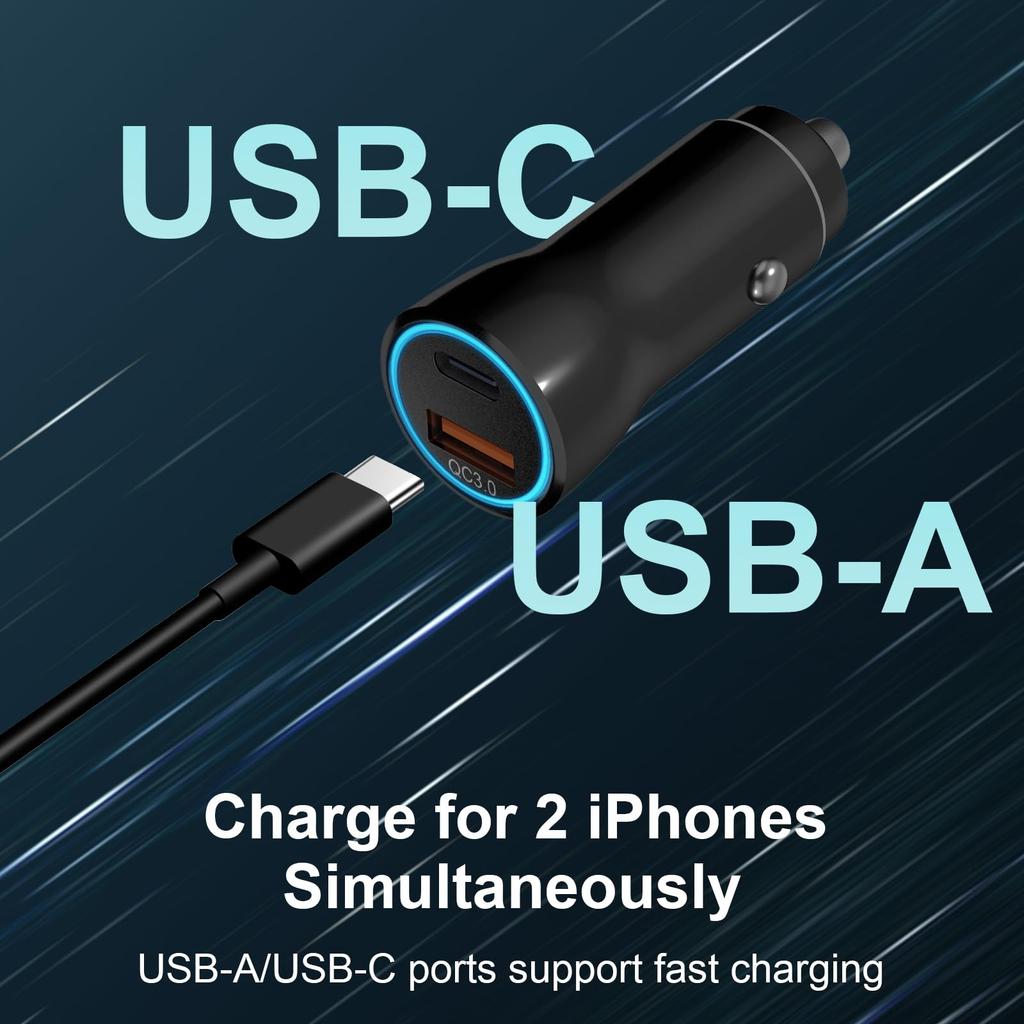 43W Fast Car Charger for iPhone 16 15 Pro Max, MFi Certified PD USB-C & QC 3.0 Adapter with 3.3FT USB C Cable