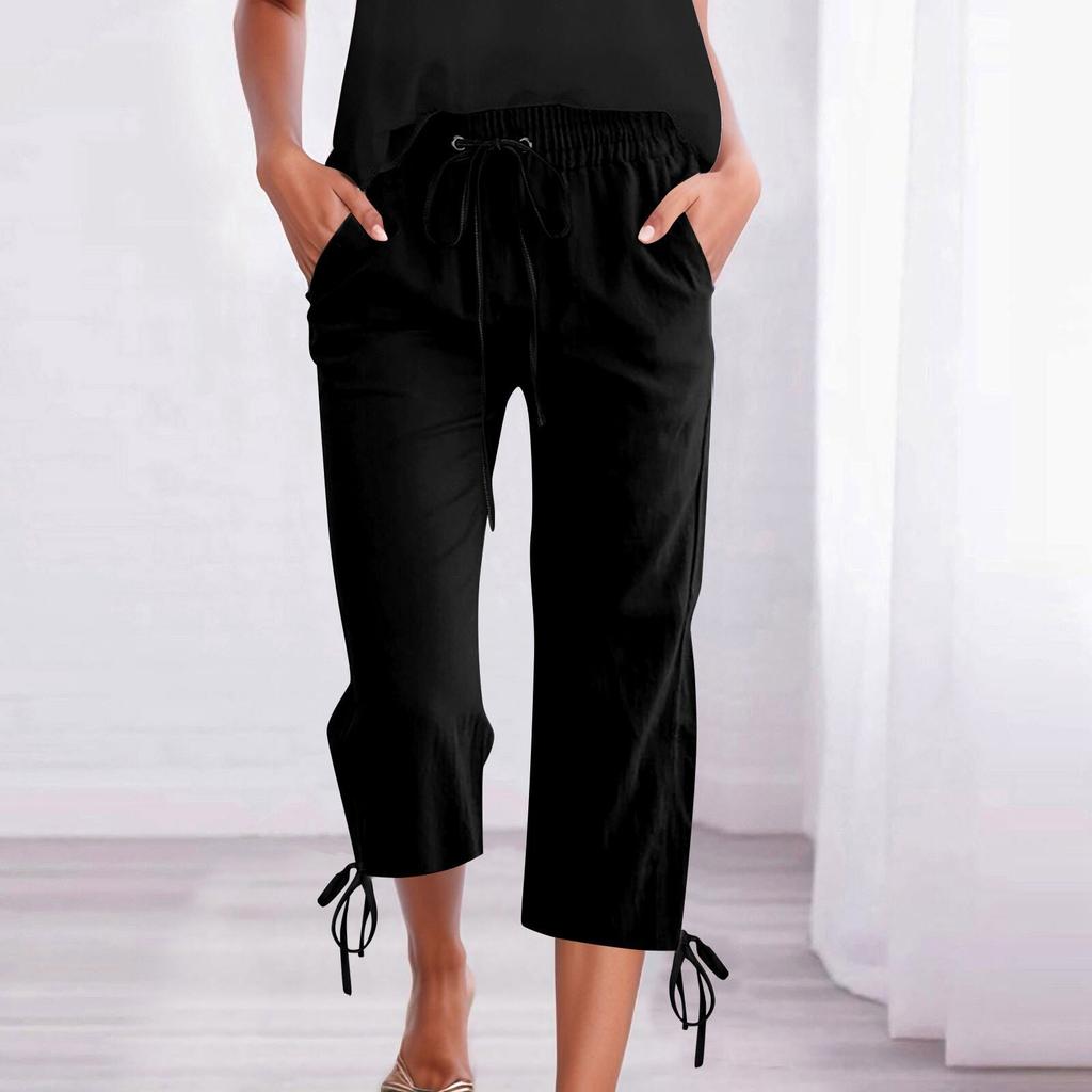 Женские повседневные однотонные свободные прямые укороченные брюки из хлопка и льна с завязками на шнурке и карманами