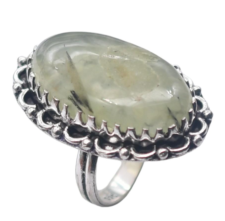 Prehnite Natural Gemstone Antique Silver Ring US Size-8 R 5057