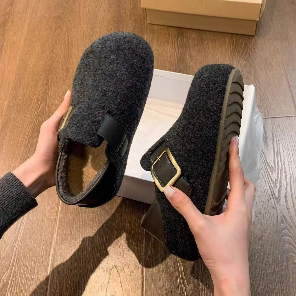 Ретро скрытый подъем две носки Birkenstocks новые осенне-зимние шерстяные ленивые толстоподошвенные бархатные хлопковые туфли