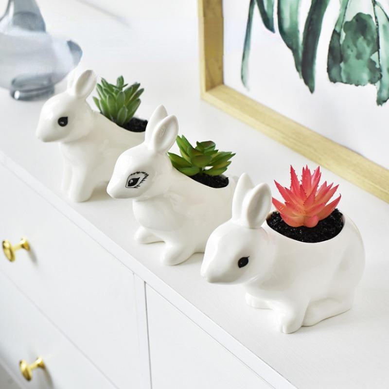 Creative Cute Flower Pots White Porcelain Pots Rabbit Flower Pots Succulent Pots Plant Pot Hanging Planter Home Decoration