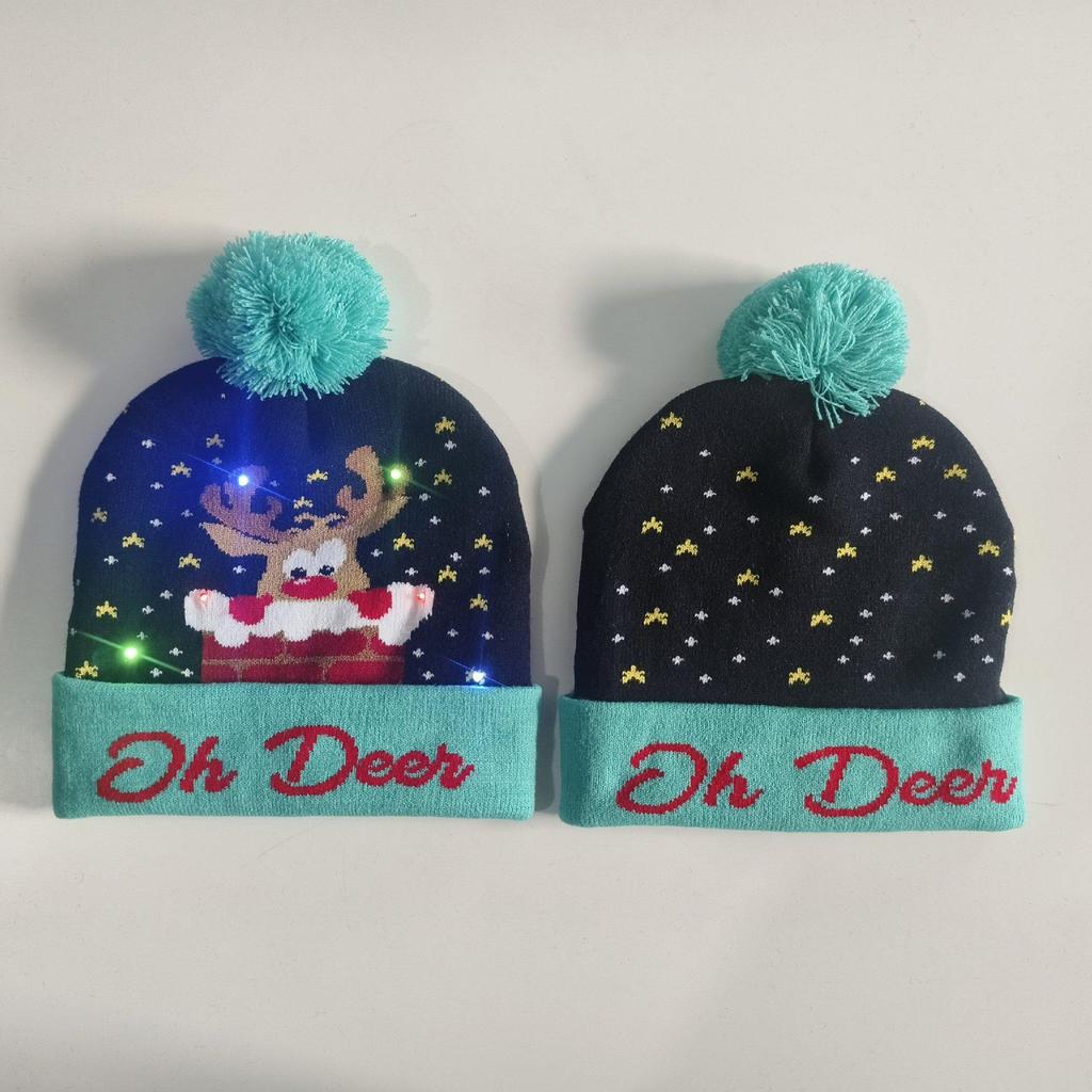 LED Light-Up Elk Jacquard Knit Hat & Scarf Set for Christmas & New Year.