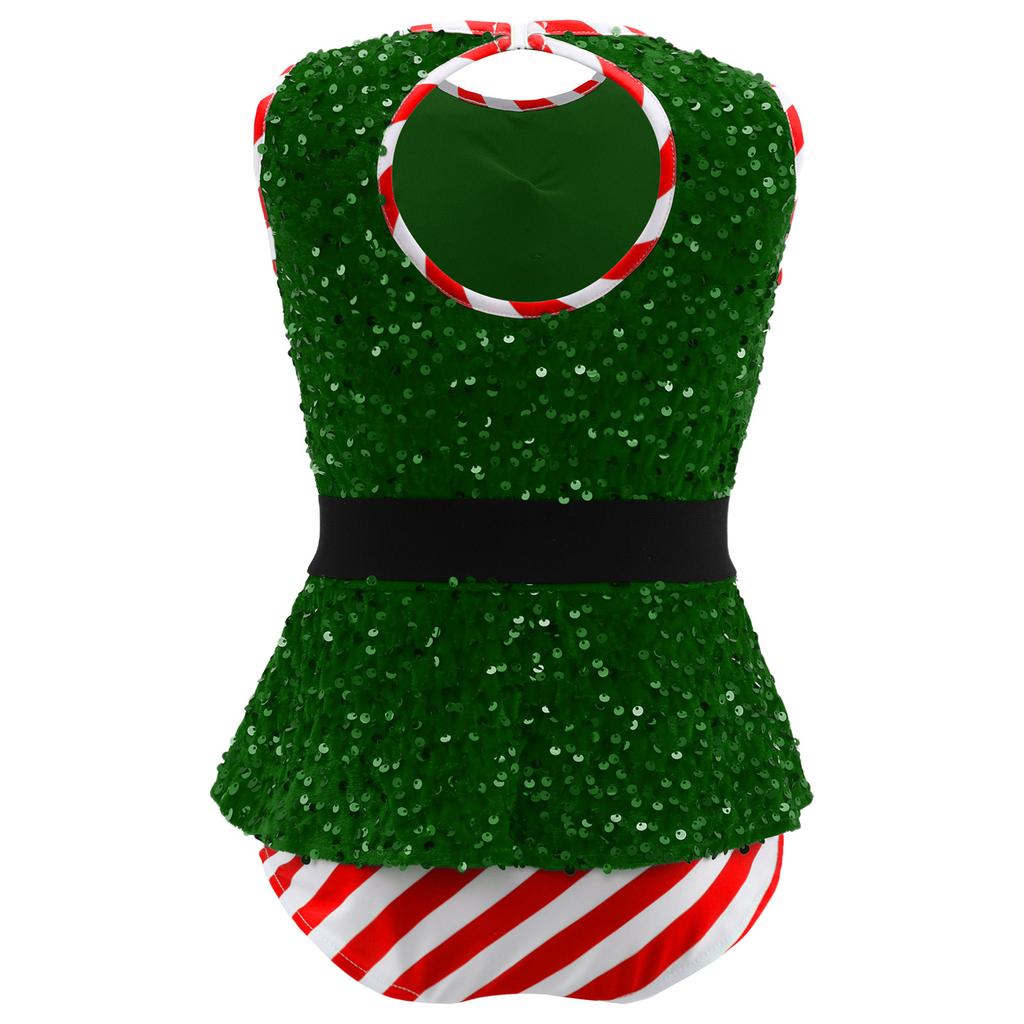 Kids Girls Christmas Santa Elf Costumes Candy Cane Striped Sequins Dance Leotard Xmas Skating Bodysuit
