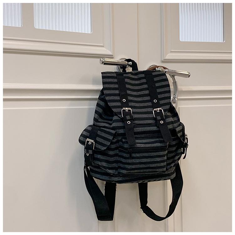 High Quality Korean Style Retro Backpacks Drawstring Design Flat Stripe Bookbags Large Capacity Soft Tote Bags Unisex