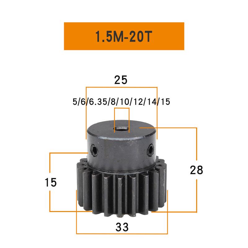 Spur Gear 1.5 Module-20T Blackening SC45#Carbon Steel High Frequency Quenching Gear Bore Size 5/6/6.35/8/10/12/14/15 mm