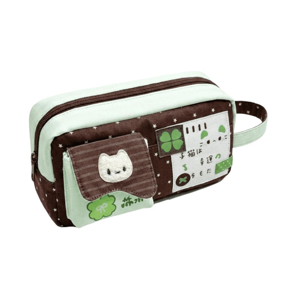 Large Capacity Pen Pouch Canvas Pencil Pouch Cartoon Cat Print Pencil Case Desktop Organization