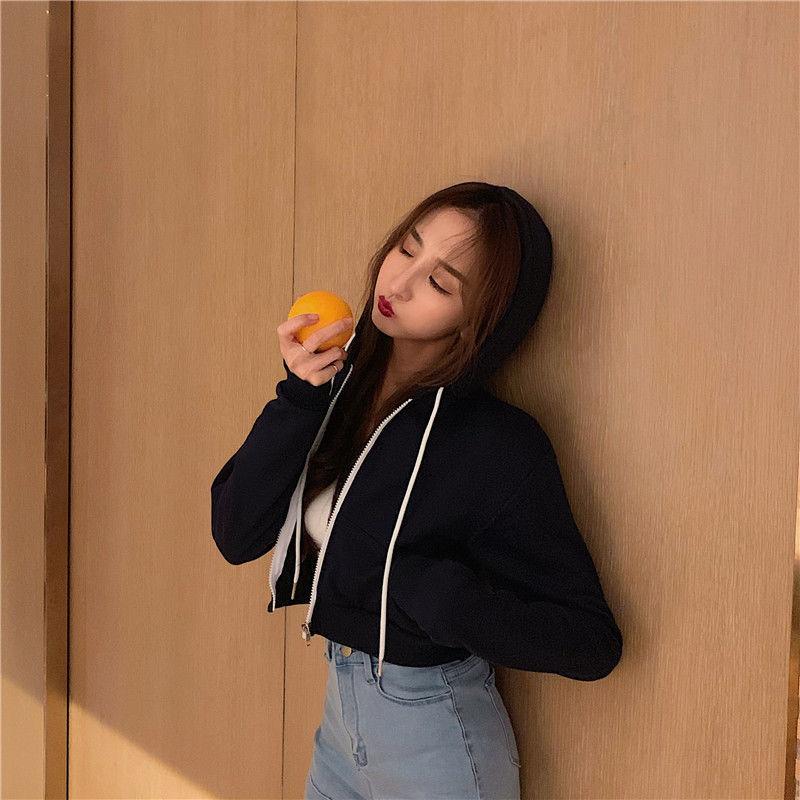Новая весенне-осенняя корейская версия, короткое пальто с капюшоном на молнии, тонкий однотонный женский свитер