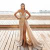 Women's Sexy Sparkly Mermaid Maxi Dress Sleeveless Deep V Neck High Slit Bodycon Dress Floral Lace Formal Evening Party Gown