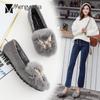 Fashion Crystal Metal Butterfly Cotton Shoes Women Shallow Round Toe Loafers Comfy Slip On Moccasins Fluffy Soft Soled Ballerina Flats
