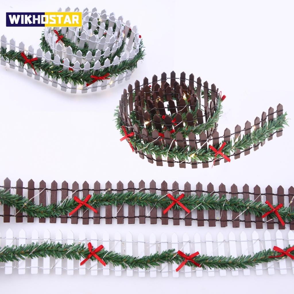 Micolandscape Christmas Elf Fairy Garden Miniature Wooden Fence Handmade LED Light String Vine Landscape Greenery Evergreen Prop
