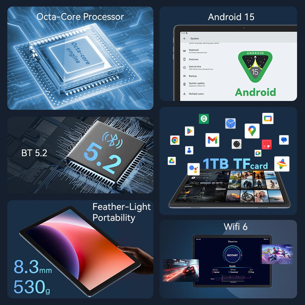 Планшет Cubot TAB 65, Android 15, Восьмиядерный, 4 ГБ ОЗУ, 128 ГБ ПЗУ, 10,1-дюймовый HD+ экран 90 Гц, 13 МП камера, 6200 мАч, OTG