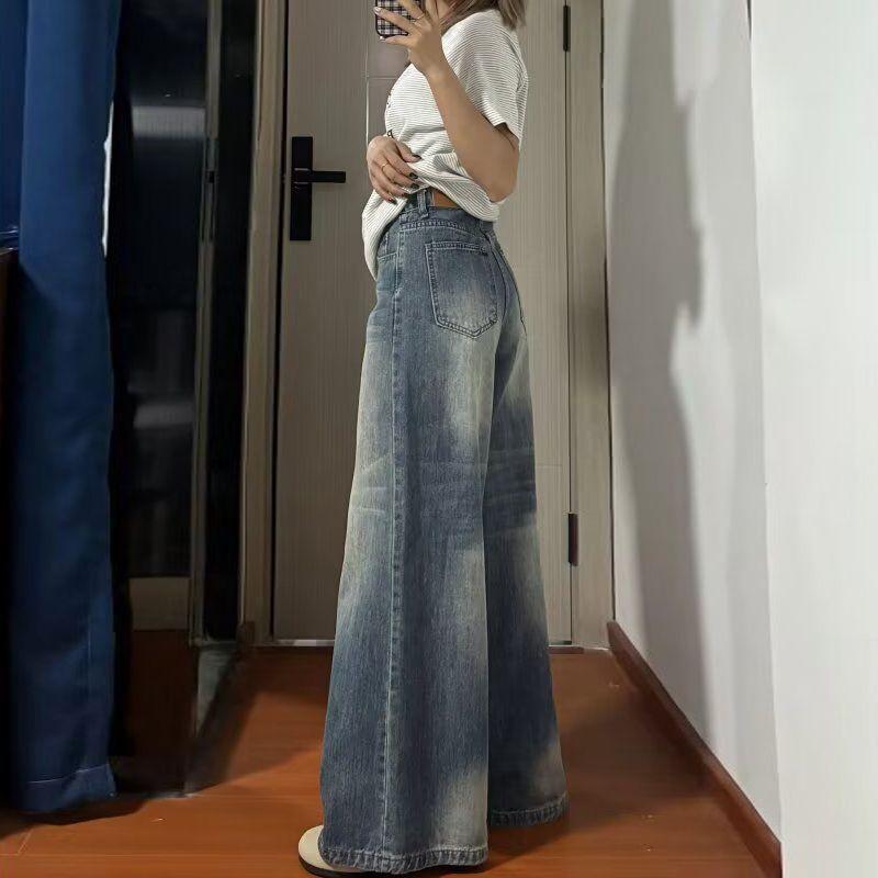 Large size retro high-waisted jeans women's spring and summer new pear-shaped loose straight and thin versatile mopping wide-leg trousers