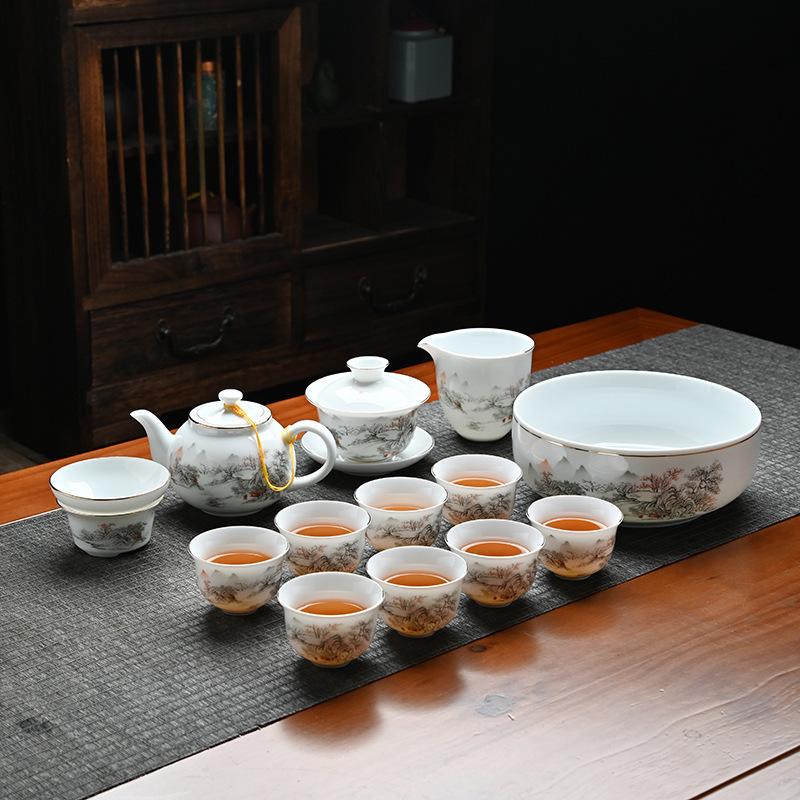 Thin tire tea set, sweet white cover bowl, Dehua suet jade Han white porcelain kung fu tea simple blue line tea ceremony accessories