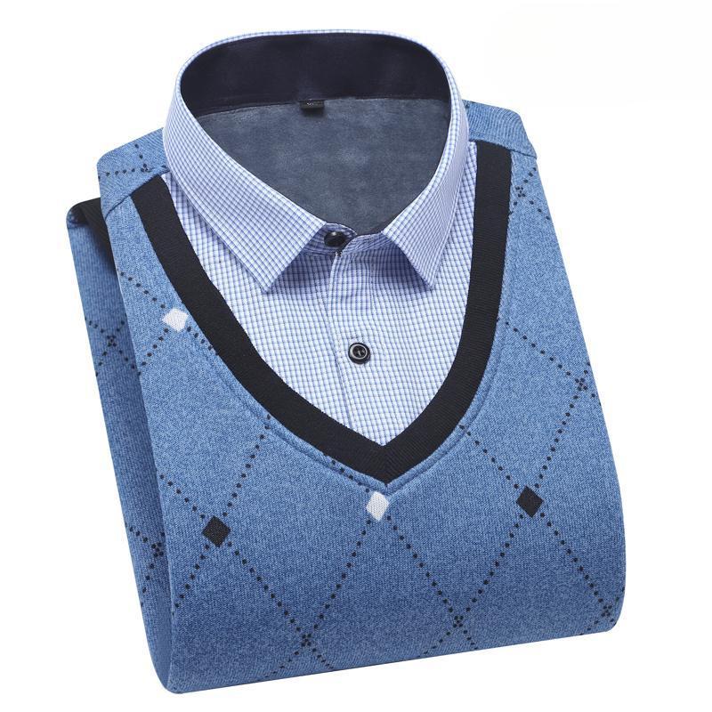 Осенне-зимний бархатный утолщенный поддельный свитер с длинными рукавами и воротником-стойкой для мужчин, повседневный теплый вязаный свитер