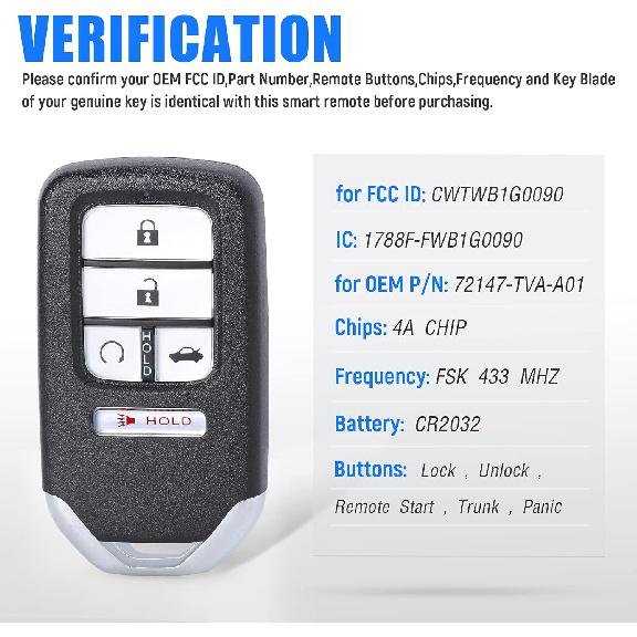 Smart Key Fob Keyless Entry Replacement Remote Key for Honda Accord 2018 (FCC ID:CWTWB1G0090 P/N:72147-TVA-A01) 5 Buttons