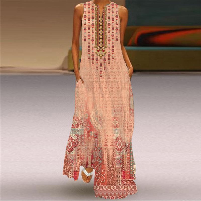 2026 New Summer Women's Sleeveless V-Neck Printed Sexy Dress Long Dress European and American Women's Clothing