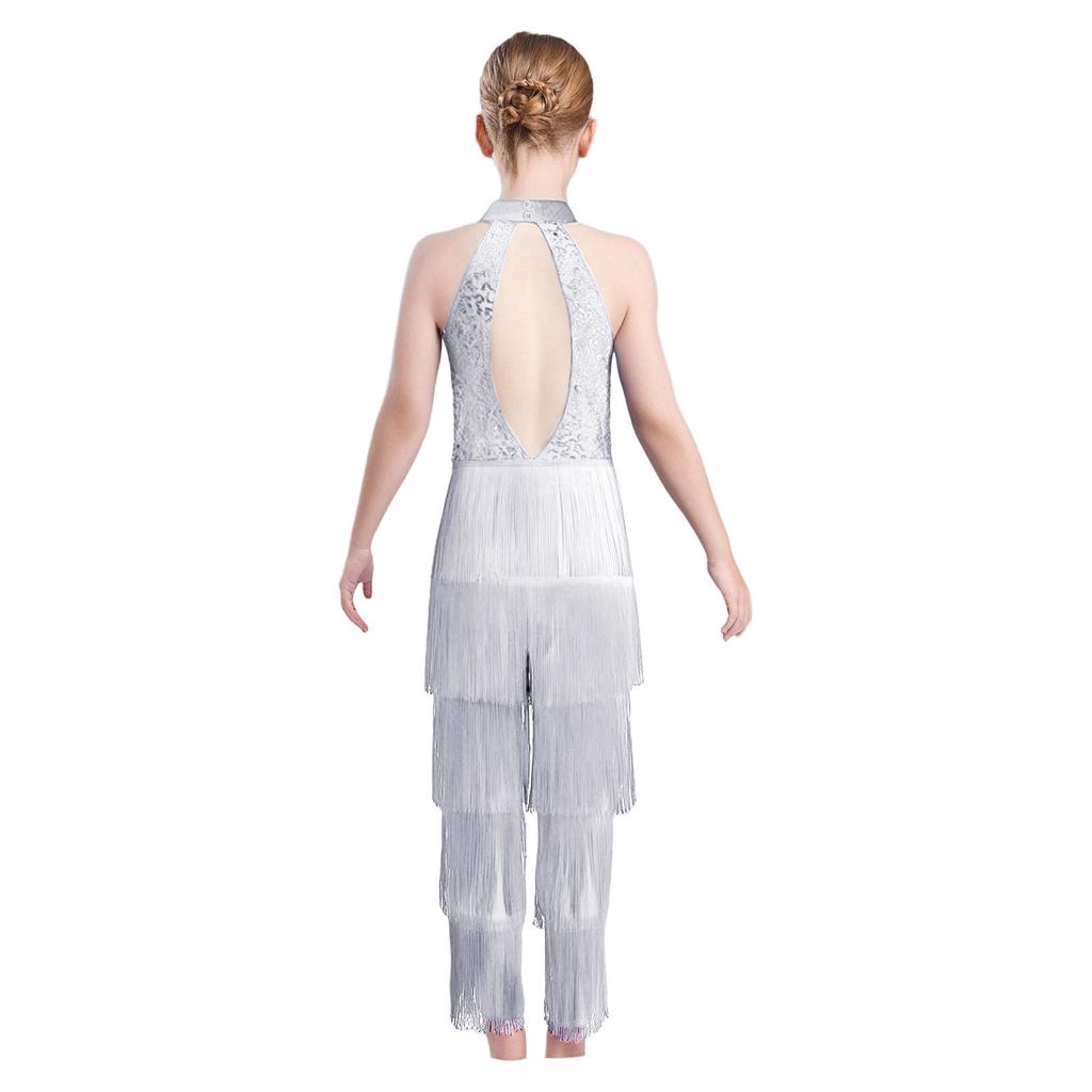 Girls Halter Sleeveless Backless Sequin Tiered Tassel Dance Jumpsuit Cha cha Latin Costume