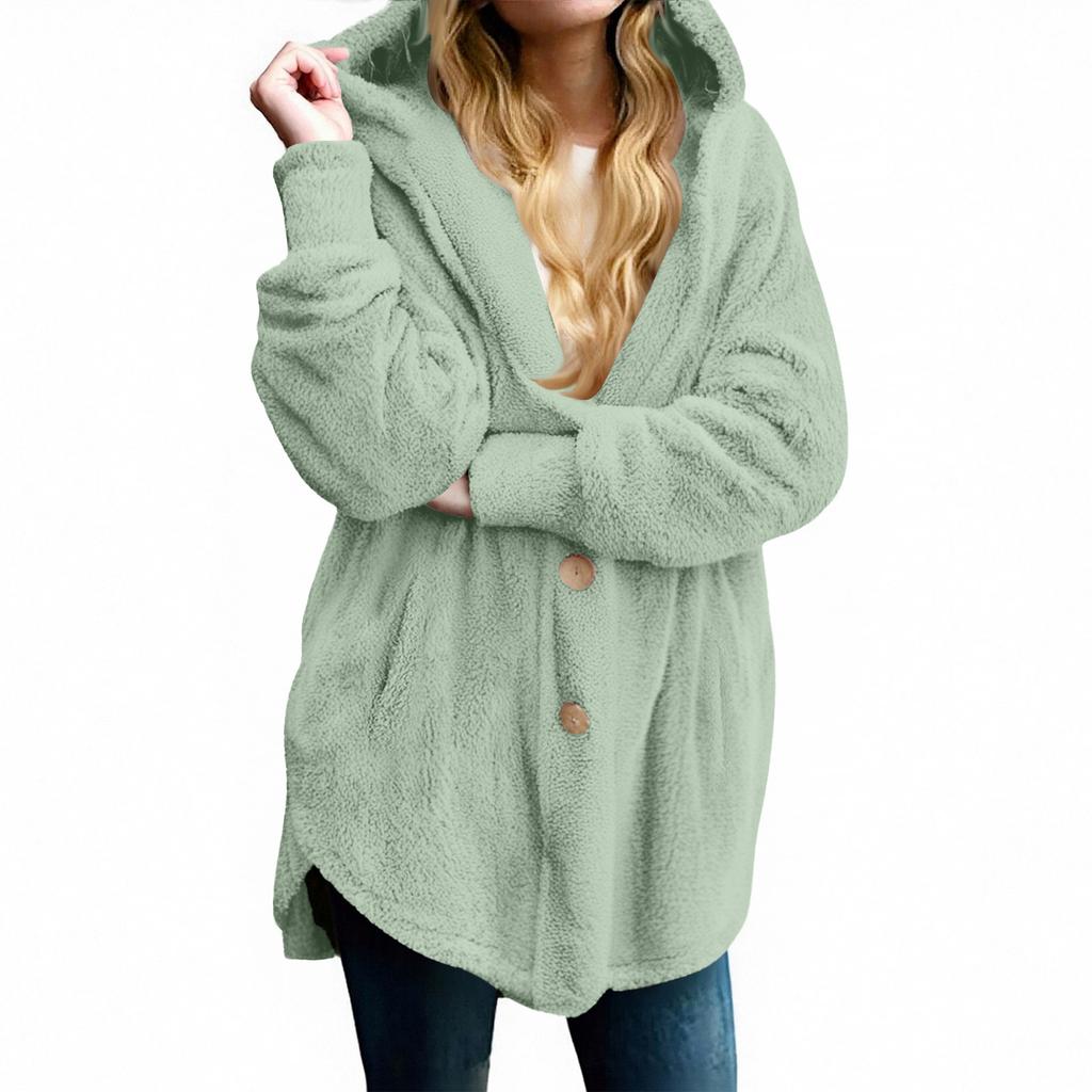 Women's Fashion Solid Color Pocket Button Hooded Plush Coat