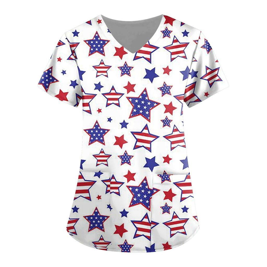 Women's Independence Day Print Short Sleeve V Neck Top Work Pocket Shirt
