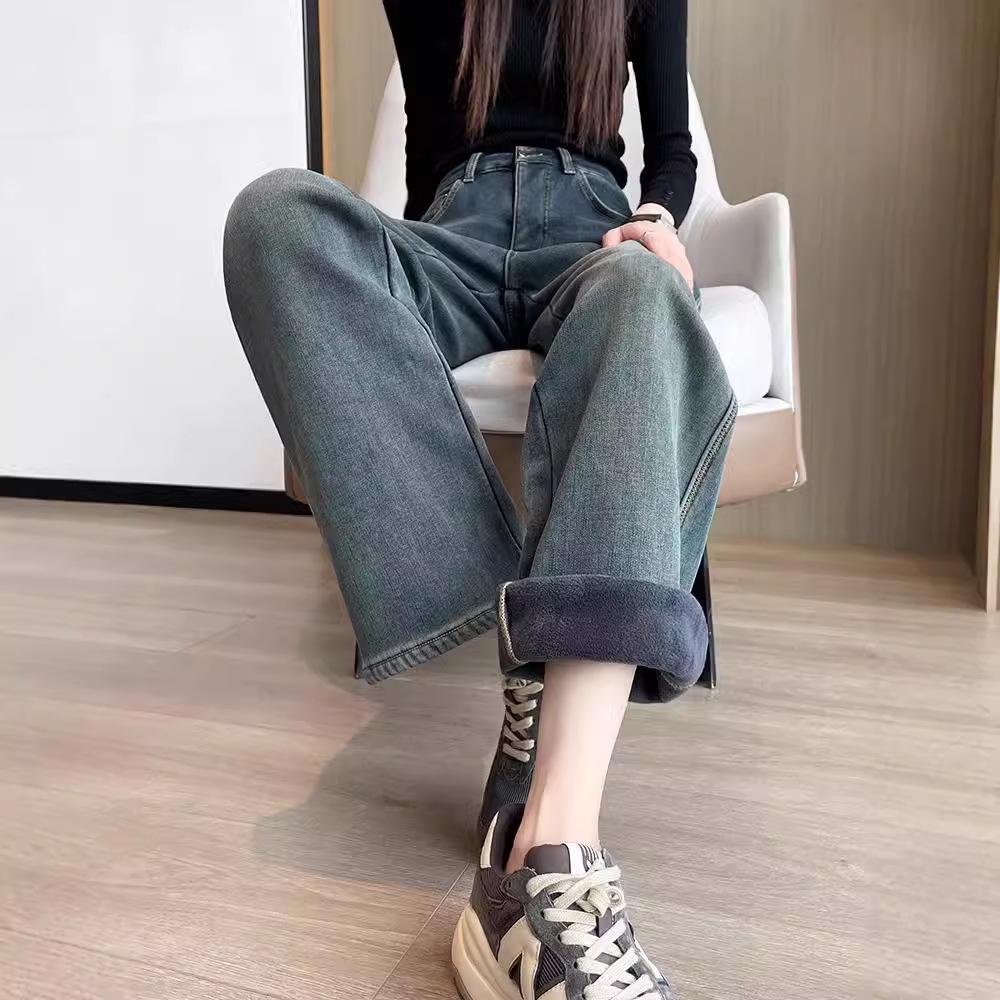 Женские плюшевые джинсы с высокой талией и широкими штанинами - Зима 2024 Ретро Прямые брюки