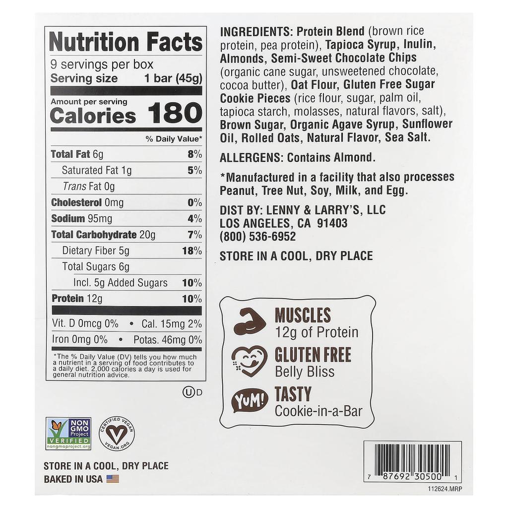 Lenny & Larry's Cookie-Fied® Bar, Chocolate Chip Cookie Dough, 9 Bars, 45g (1.59oz) Each