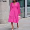 Women Plus Size V-Neck Bubble Long Sleeve Lace Dresses