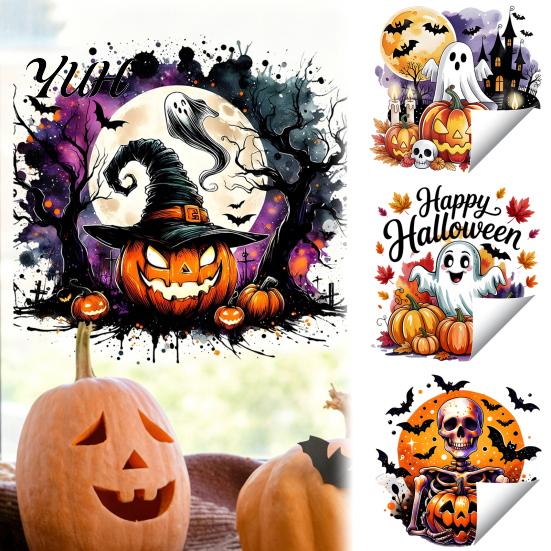 Halloween Window Clings Static Clings, Watercolor Pumpkin Ghost Skull Decals, No Removable Glass Decorations Glue Stickers for Living Room Store Front