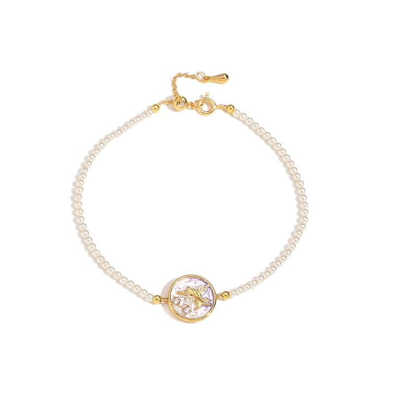 Elegant Glass Pearl Bracelet Women With Zircon Accents 18K Gold Plated Copper Geometric Floral Design