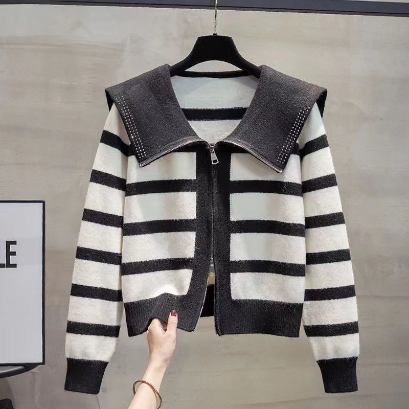 Свитер женский вязаный кардиган с кукольным вырезом женский 2023 осень новый свободный топ в полоску на молнии кардиган с длинным рукавом женский свитер пальто
