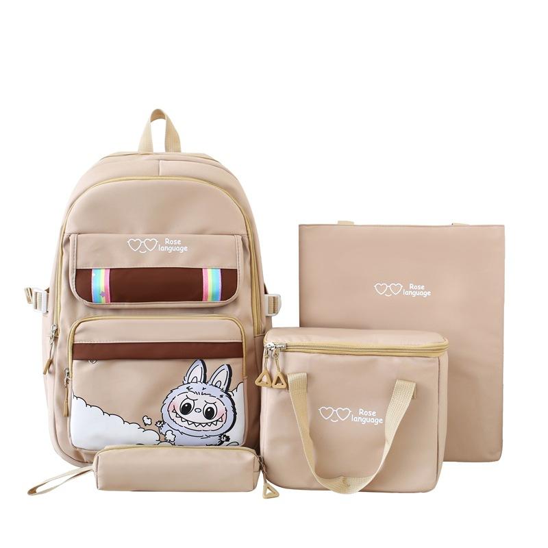New Student Schoolbag Large Capacity Cartoon Four Piece Set Backpack Cute Primary and Secondary School Students Backpack Meal Bag Tutoring Bag