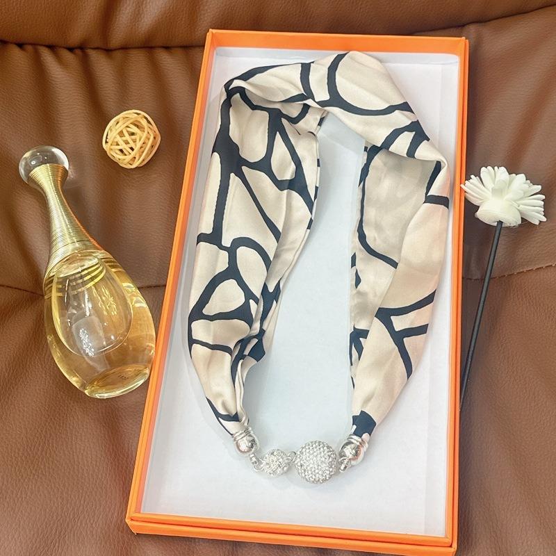 Silk Scarf Women's Spring, Autumn and Summer New Fashion Neck Protection Decoration Long Necklace Type Magnetic Buckle Scarf Small Scarf
