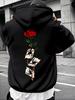Men's Gothic Hoodie Red Rose Playing Card Graphic Vertical Back Print Vintage Fleece Sweatshirt Streetwear Unisex