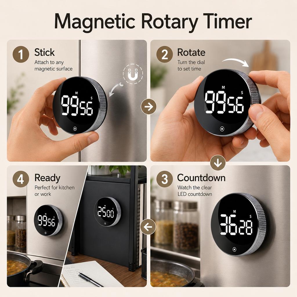 Digital Rotating Timer with Magnetic Back for Kitchen Cooking Reminder Alarm