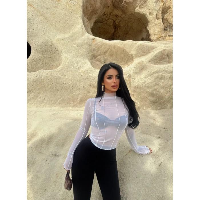 European Style Women's Sexy Round Neck Long Sleeve Mesh See-Through Cropped Top, 2026 Collection.