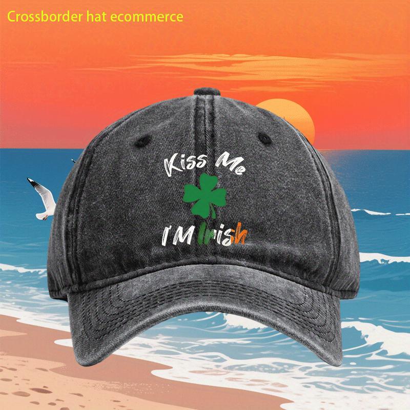 Kiss Me Im Irish Clover Washed Baseball Cap Vintage St Patricks Day Adjustable Unisex Hat