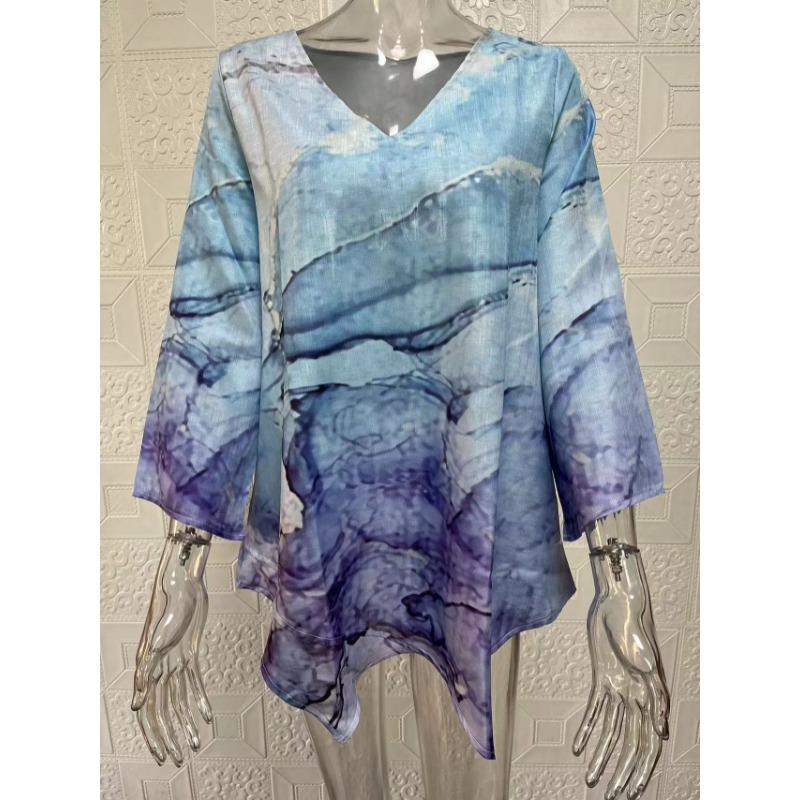 Весна Лето V-образный вырез Принт Мода Женская Блузка Новая Повседневная Свободная Необычная Топ Футболка Большого Размера Простая Элегантная Офисная Рубашка Женская Одежда