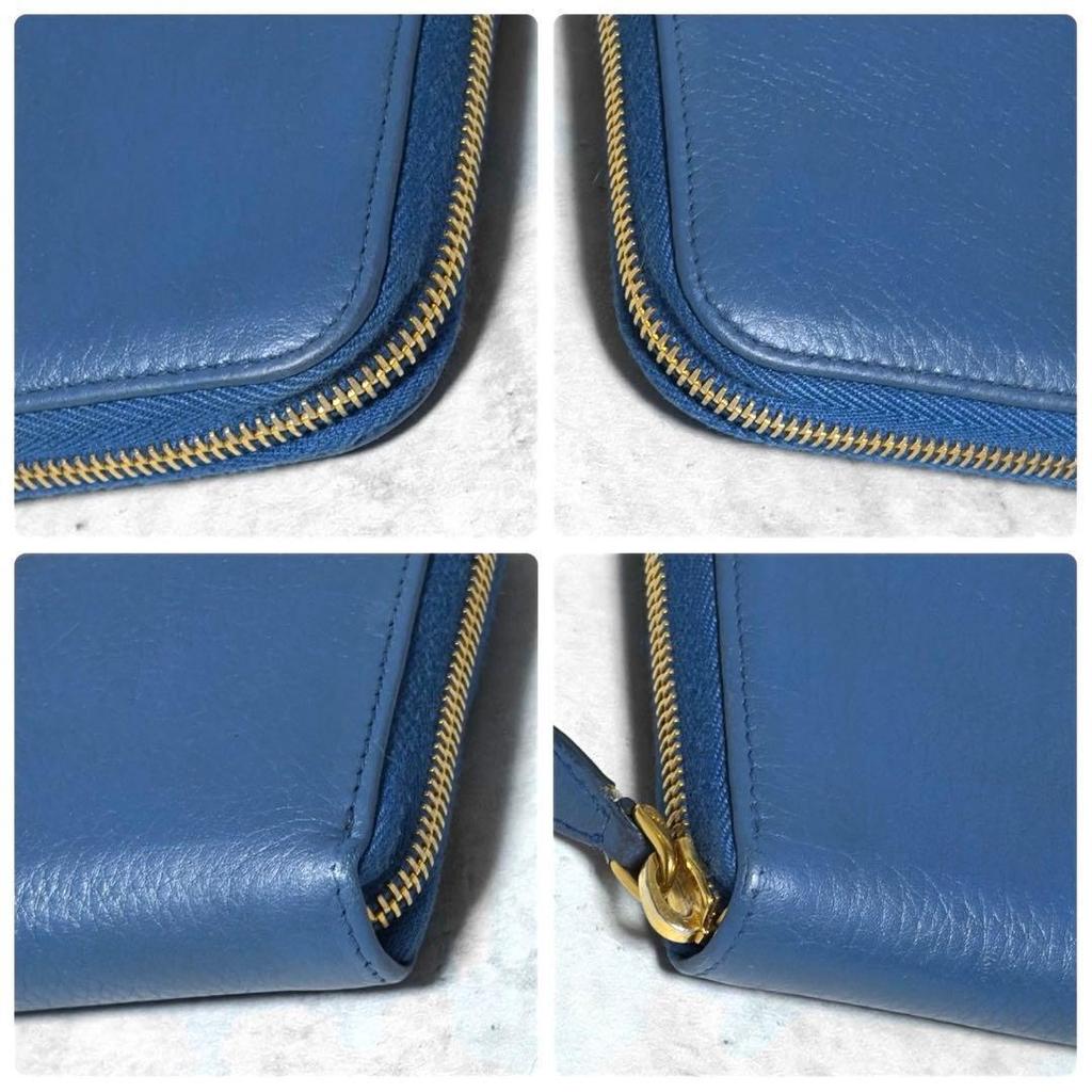 Rare color PRADA long wallet round zipper blue leather logo metal fittings