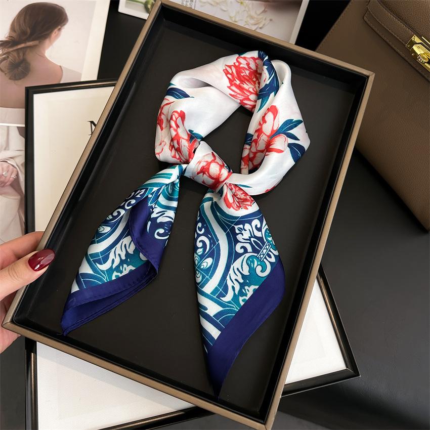 Geometric Color Matching Simulation Silk 70 Small Square Scarf Printed Silk Scarf Women'S Thin Scarf Sunscreen Headscarf