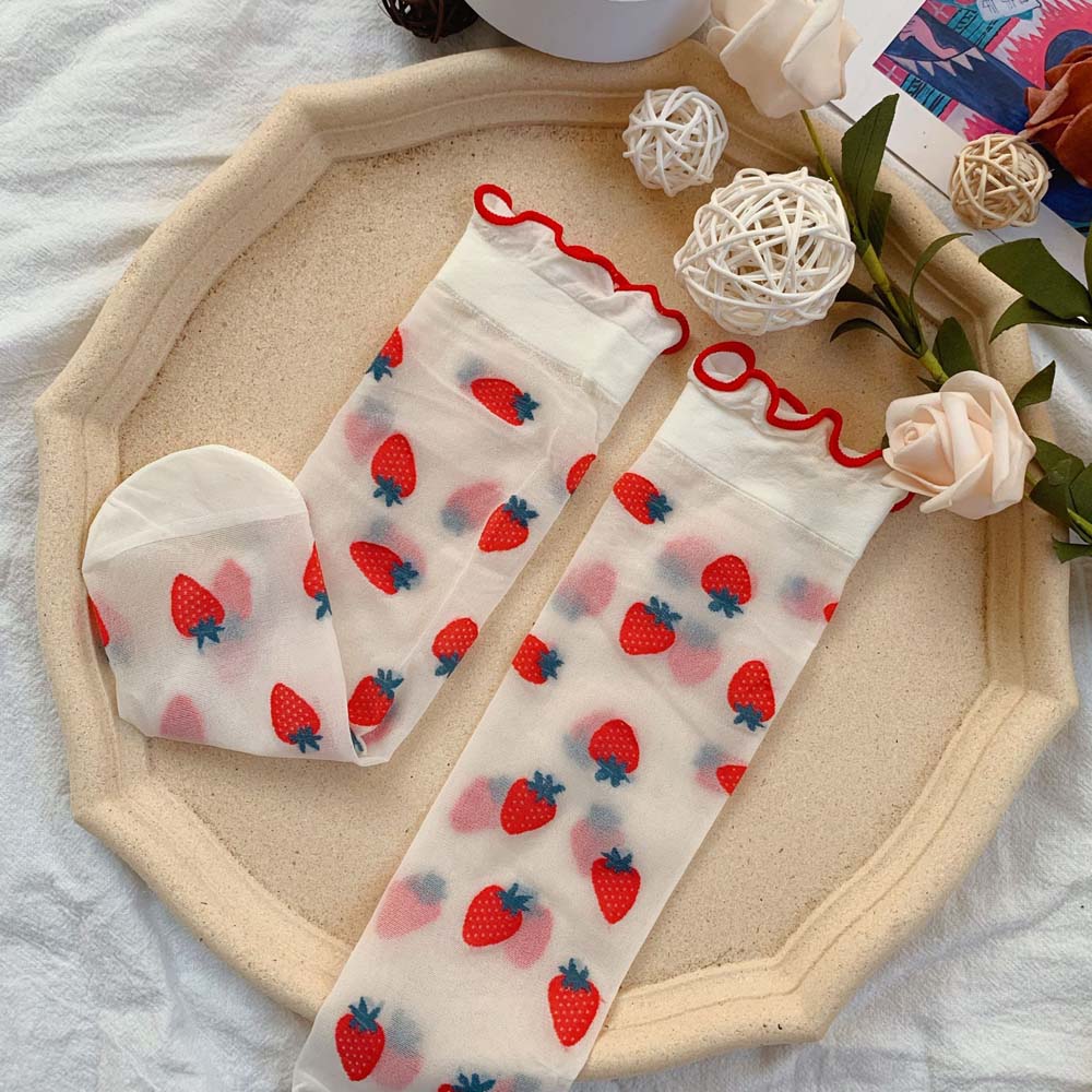 Cute College Style Japanese Lace Strawberry Lolita Socks Tube Socks Cartoon Women Hosiery