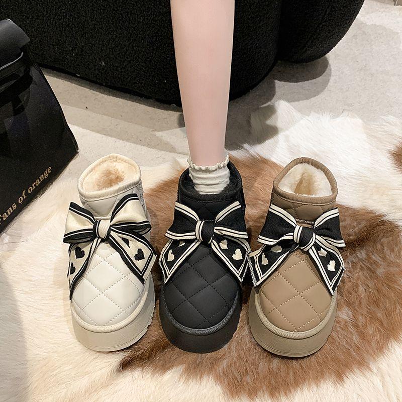 Сапоги Bow Snow Boots женские зимние бархатные утолщенные хлопковые сапоги теплые хлопковые туфли модные увеличивающие рост толстые подошвы симпатичные нескользящие сапоги