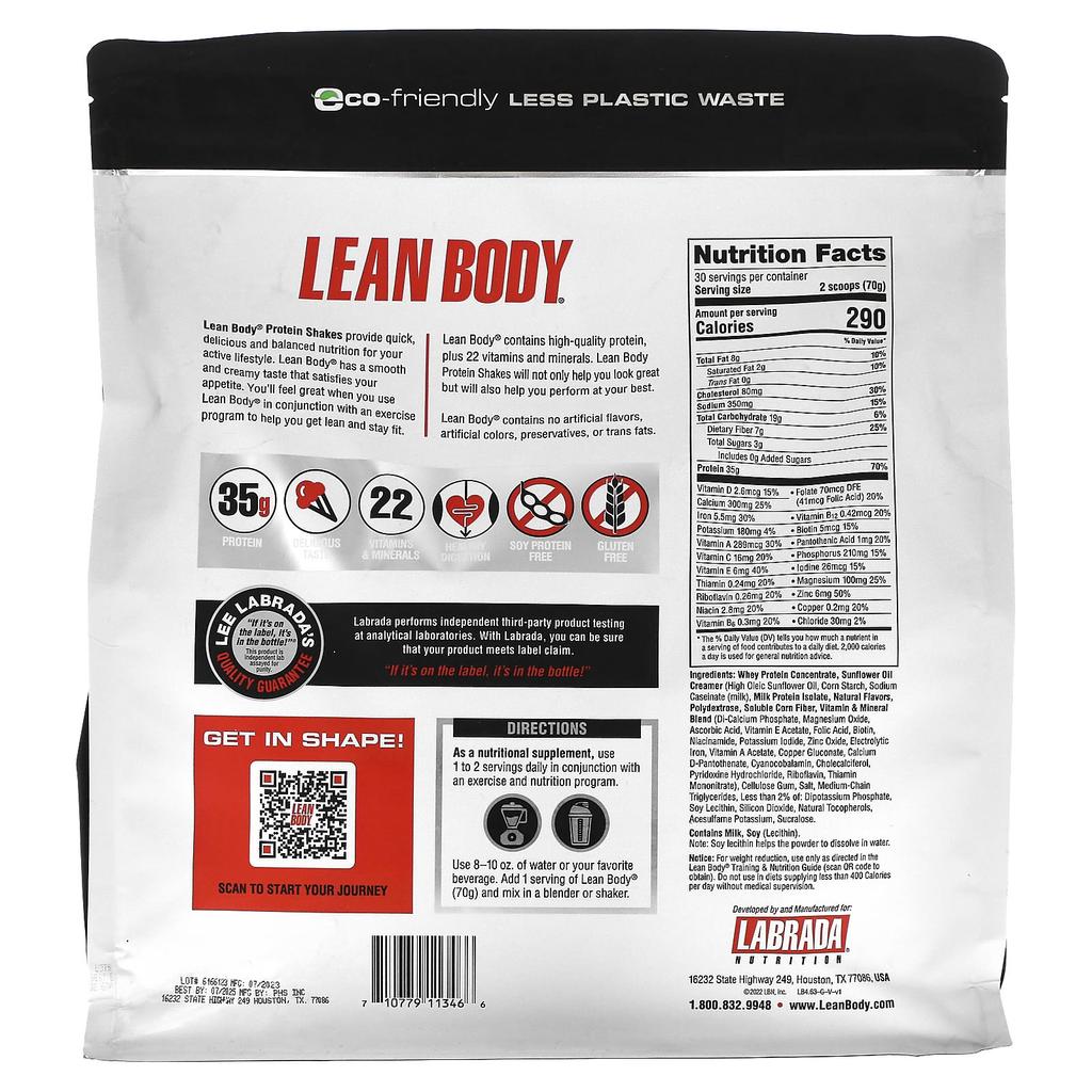 Labrada Nutrition Lean Body, Protein Shake Drink Mix, Vanilla, 4.63 Lb (2,100 G)