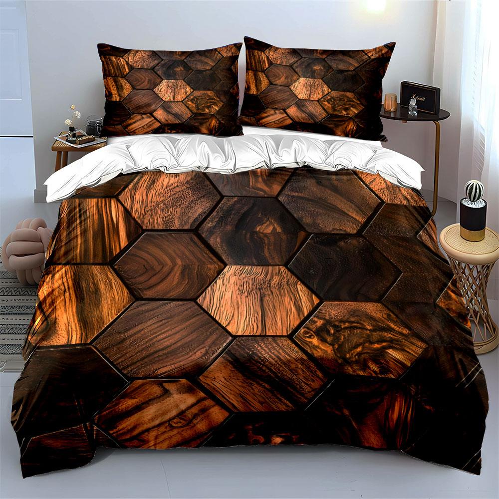 3Pcs Wood Hexagon Bedding Set,Brown Wooden Geometric Pattern Print Duvet Cover + 2 Pillowcases,Rustic Natural Style for Bedroom