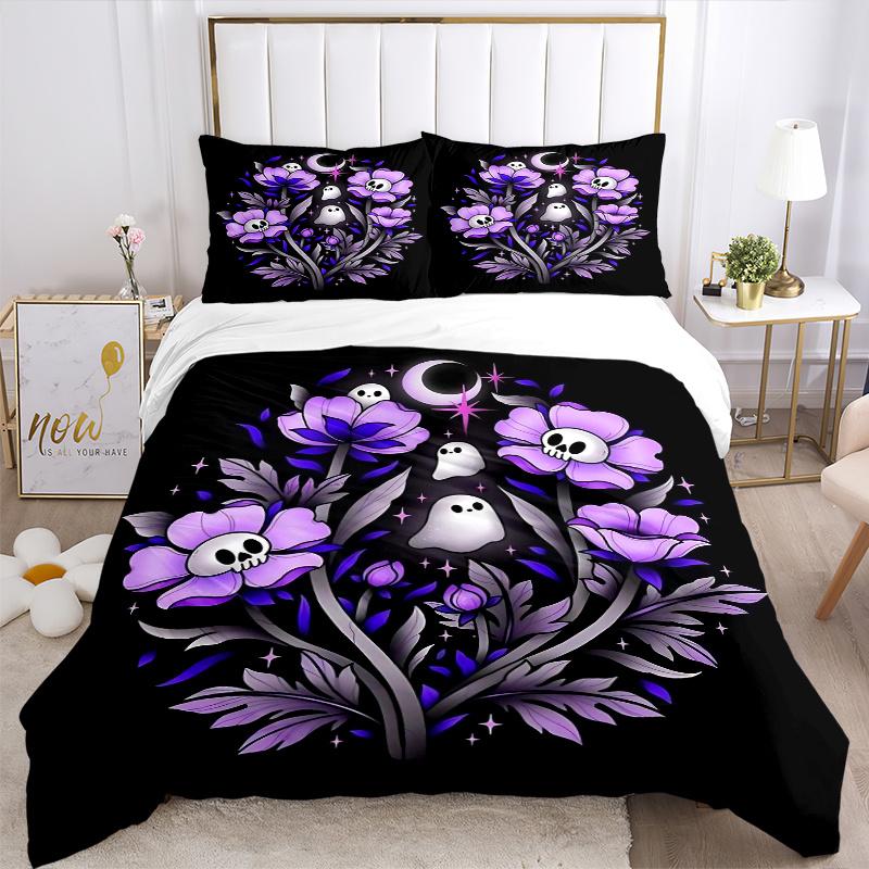 3pcs Skeleton Ghost Flower Printed Bedding Set, Soft and Comfortable Quilt Cover for Bedroom, Guest Room (1 Duvet Cover + 2 Pillowcases, Pil