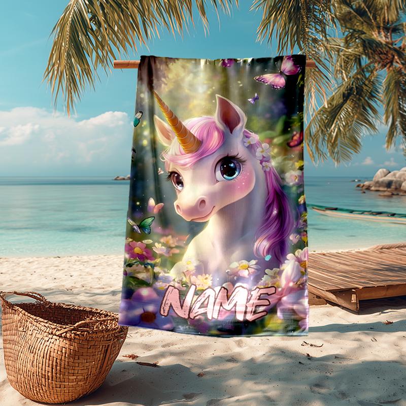 Custom Name Ultra-Soft Beach Towel with Unicorn Theme,Ideal for Pool - Camping, Diving - Perfect Travel Essential, Vibrant Beach Towel.
