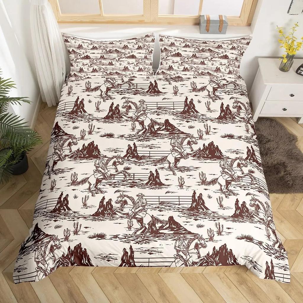 Western Cowboy Duvet Cover Set Twin Size,Horseshoe Stars Cowboy Hat Pattern Comforter Cover Rustic Vintage Southwest Bedding Set