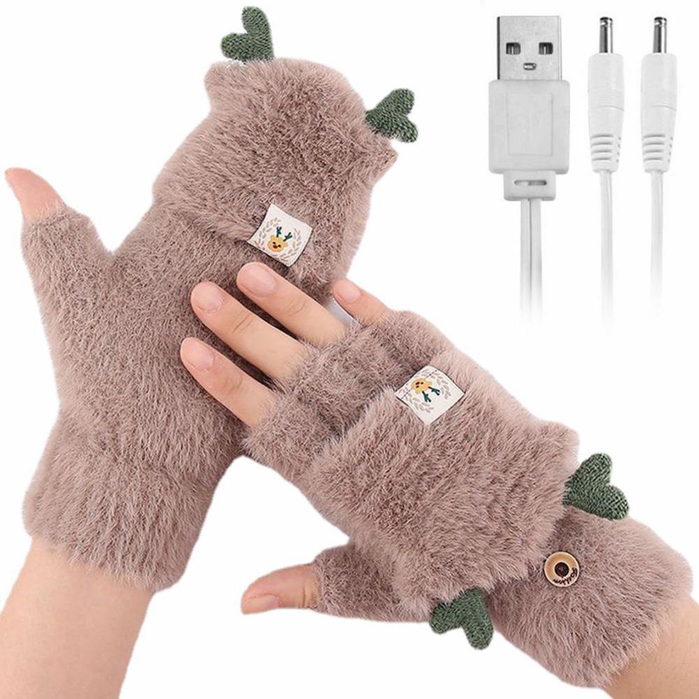 USB-перчатки с подогревом для зимы, перчатки без пальцев, меховые рожки, варежки, искусственный мех, теплые мягкие перчатки для женщин и мужчин