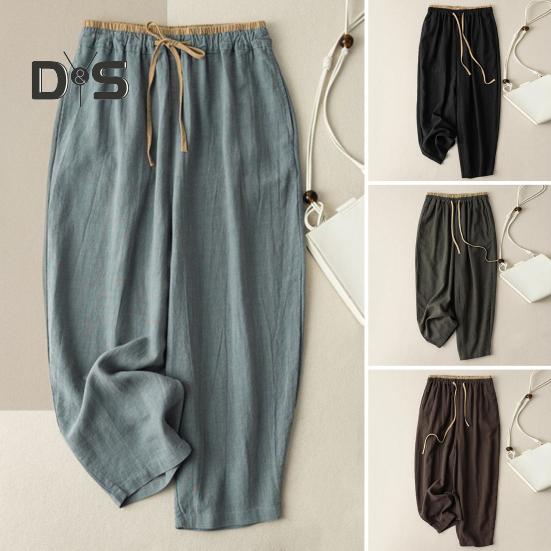 Women Harem Pants Drawstring Waist Wide-leg Casual Trousers Solid Color Ankle-Length Pants for Workouts Everyday Wear