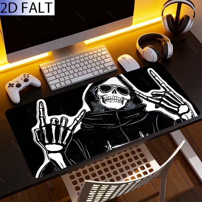 Large Black Desk Mat With Funny Skeleton Making Peace Sign, Anti‑Slip Gaming Mousepad For PC Setup