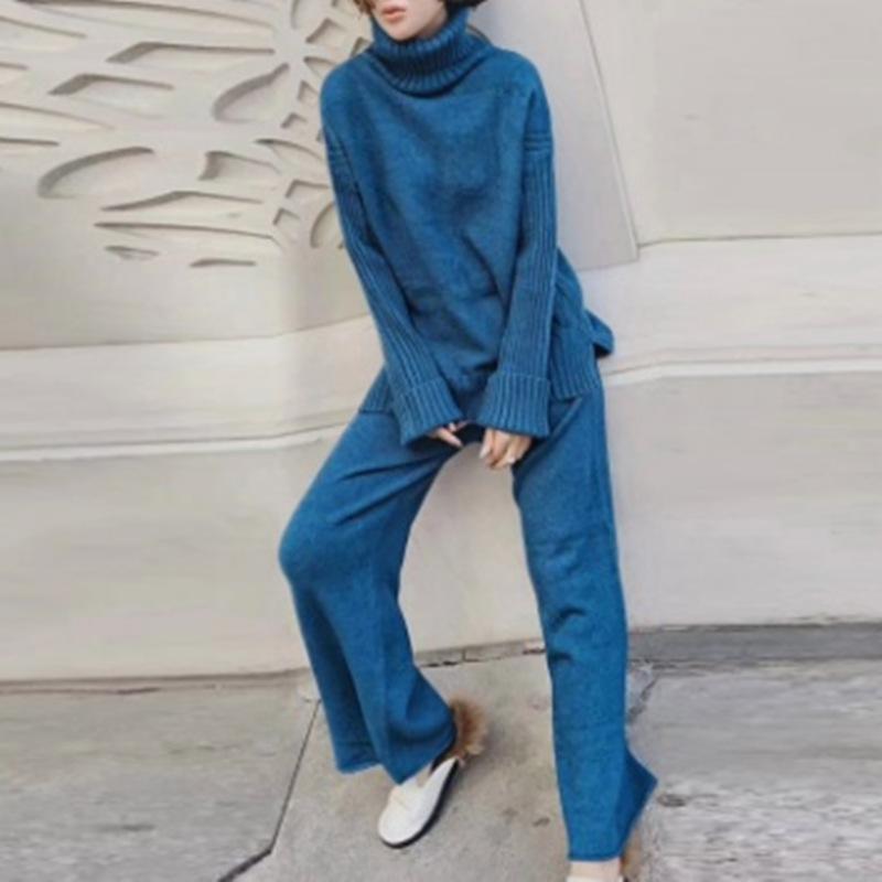 Sweater Set Women Tracksuit Spring Autumn Knitted Suits 2 Piece Set Warm Turtleneck Sweater Pullovers Wide Legs Pants