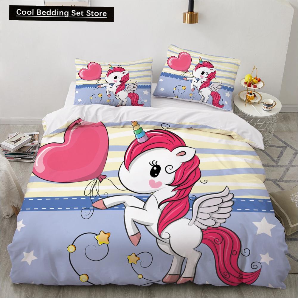 Детский детский розовый комплект постельного белья Queen King Cartoon Unicorn Белый пододеяльник Twin Полный цветной 2/3 шт полиэстеровый пододеяльник